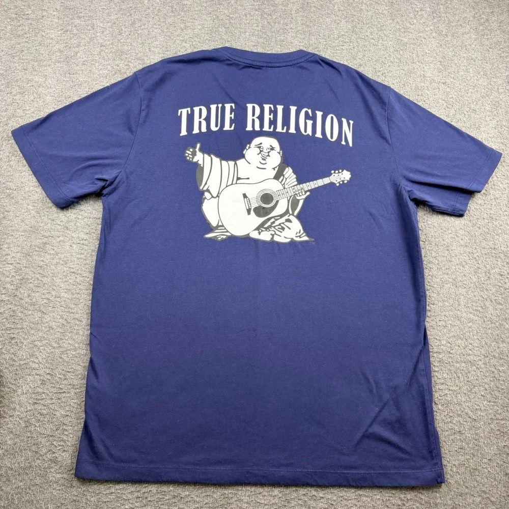 True Religion Men's L Large Buddha Guitar‎ Graphic Short Sleeve Tee Navy Blue